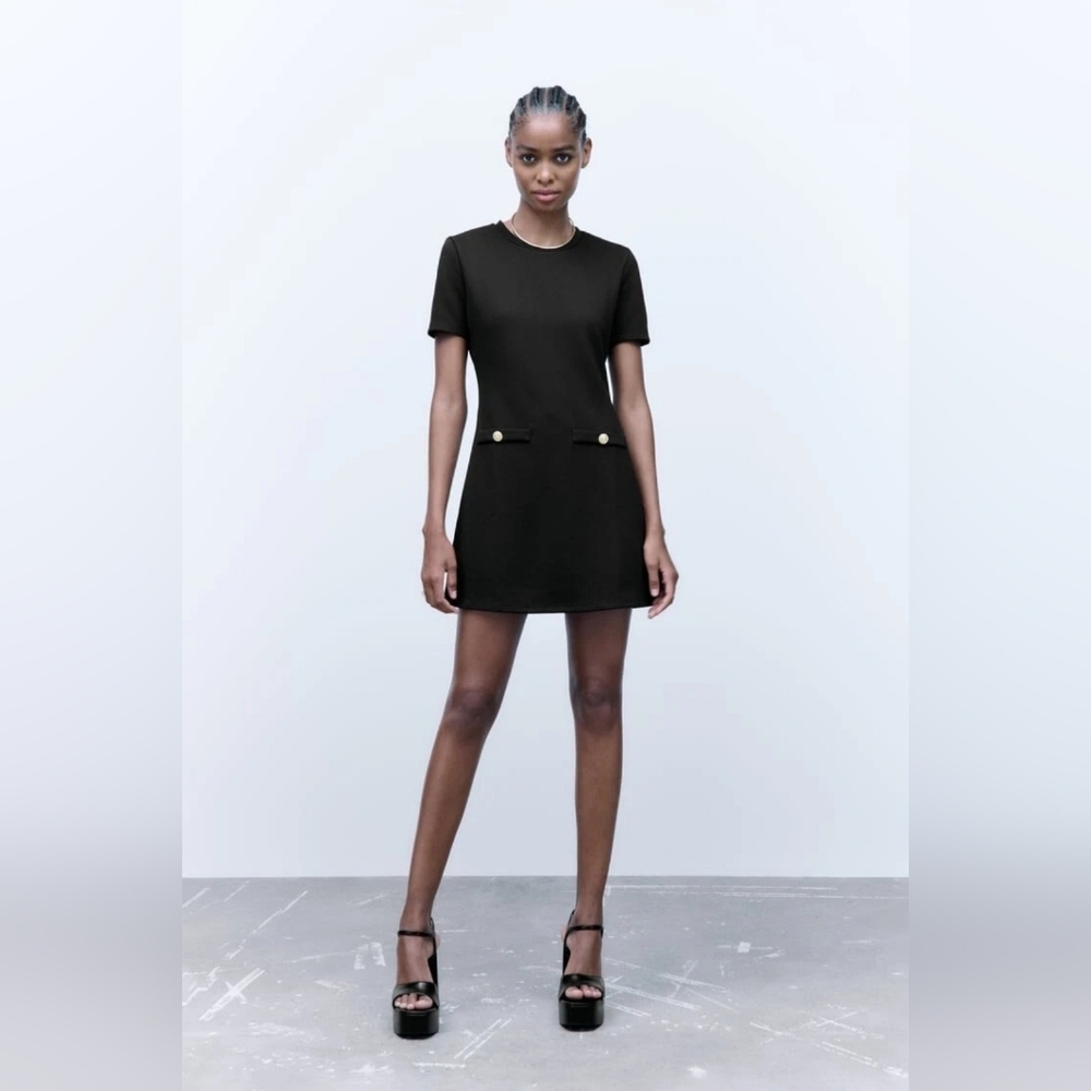 Zara Black Mini Dress with Pocket Detail Faux Suede
